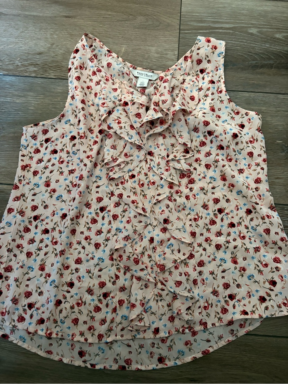 White House Black Market Blush Floral Ruffle Shell